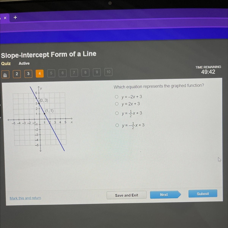 Which equation represents the graphed function? O y = -2x + 3 O y = 2x + 3 O y= O-example-1