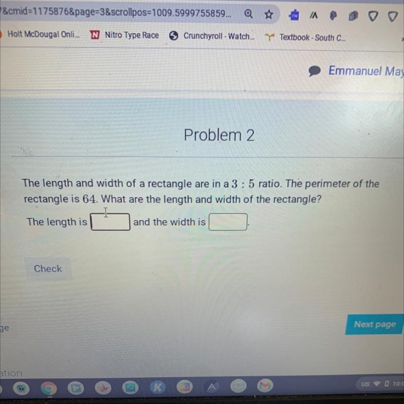 The length and width of a rectangle are in a 3 : 5 ratio. The perimeter of the rectangle-example-1