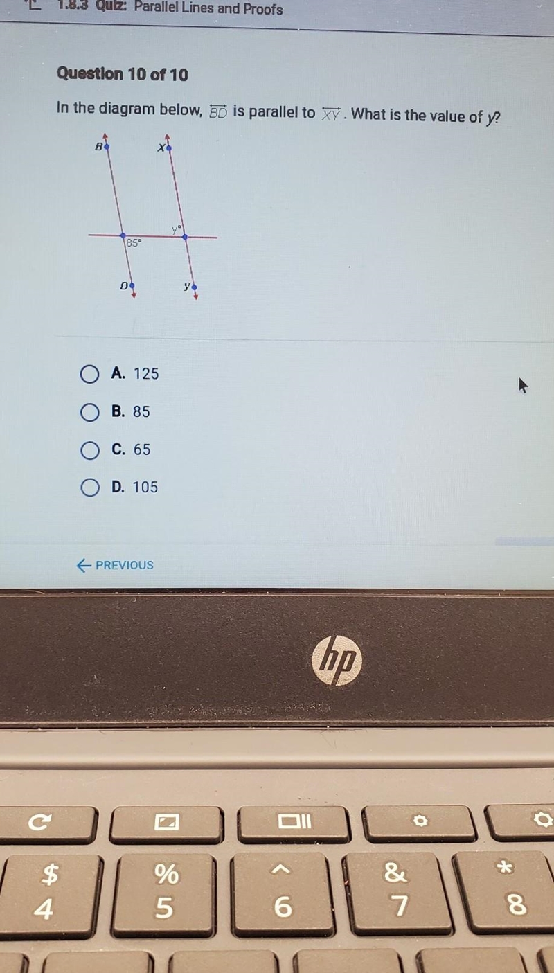 BD is paralell to XY, what is the value of y? A. 125 B. 85 C. 65 D. 105​-example-1