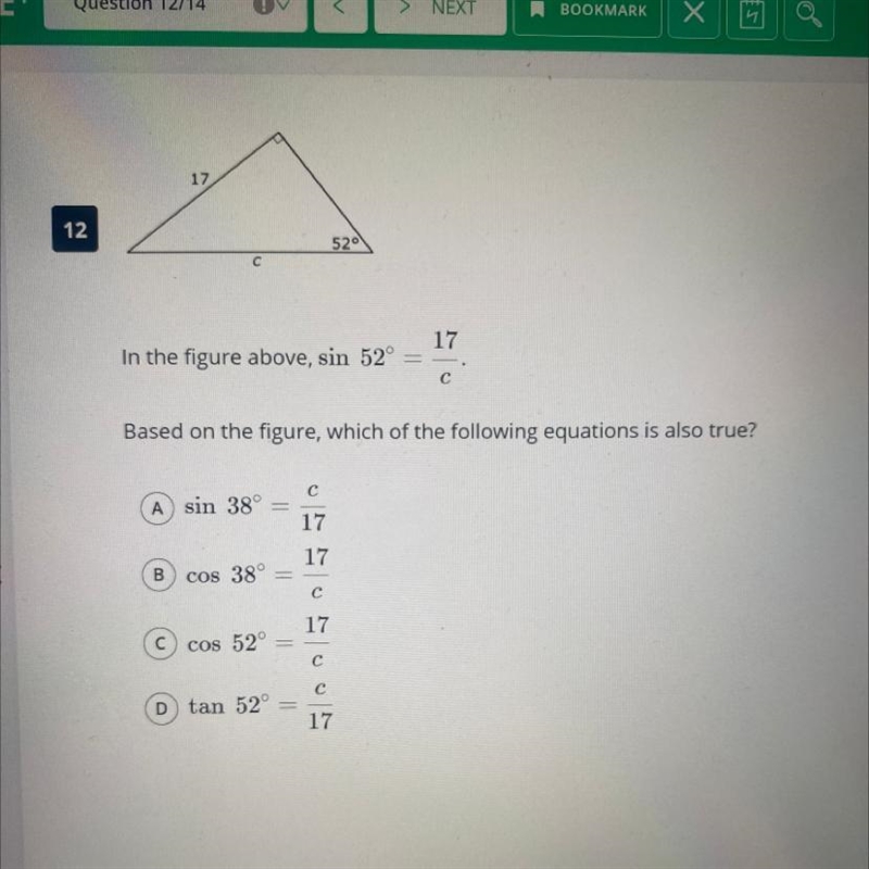 Based on the figure, which of the following equations is also true? с A sin 38° 17 17 B-example-1