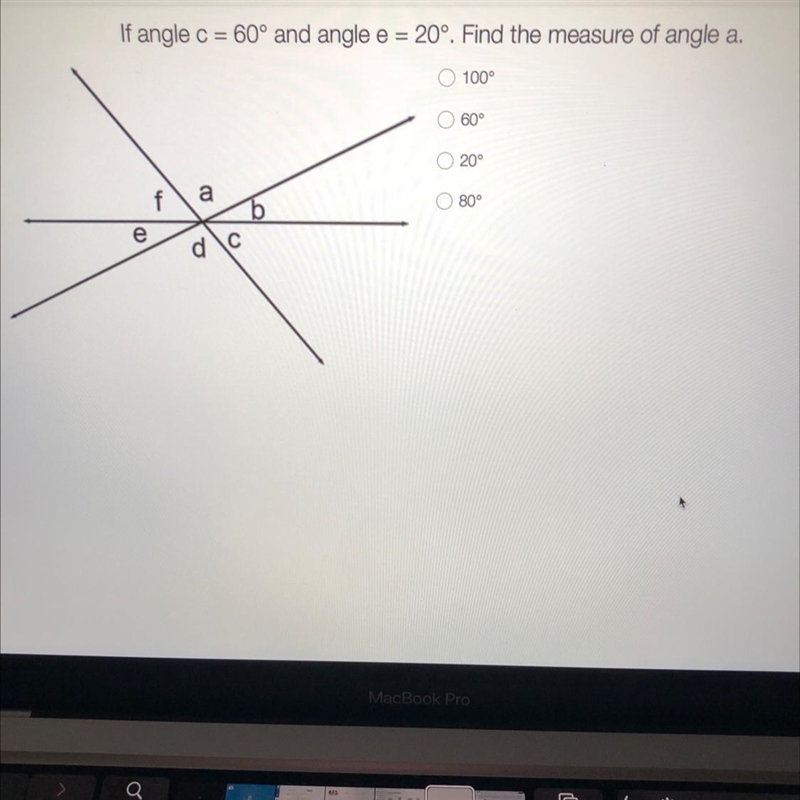 If angle c=60 and angle e=20. Find the measure of angle a-example-1