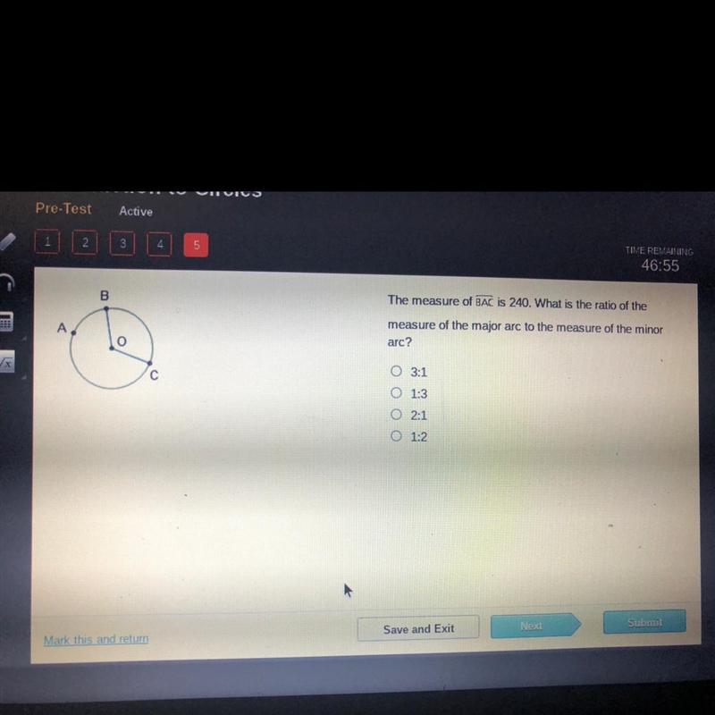 The measure of BAC is 240. What is the ratio of the measure of the major arc to the-example-1