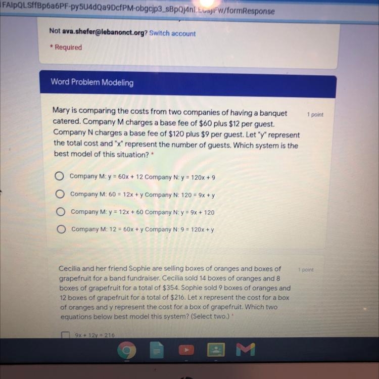 NEED SOME HELP PLS!!!Word Problem Modeling 1 point Mary is comparing the costs from-example-1