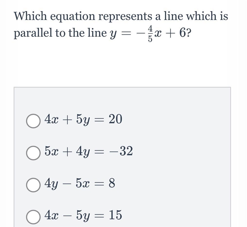 Which equation represents a line which is parallel-example-1