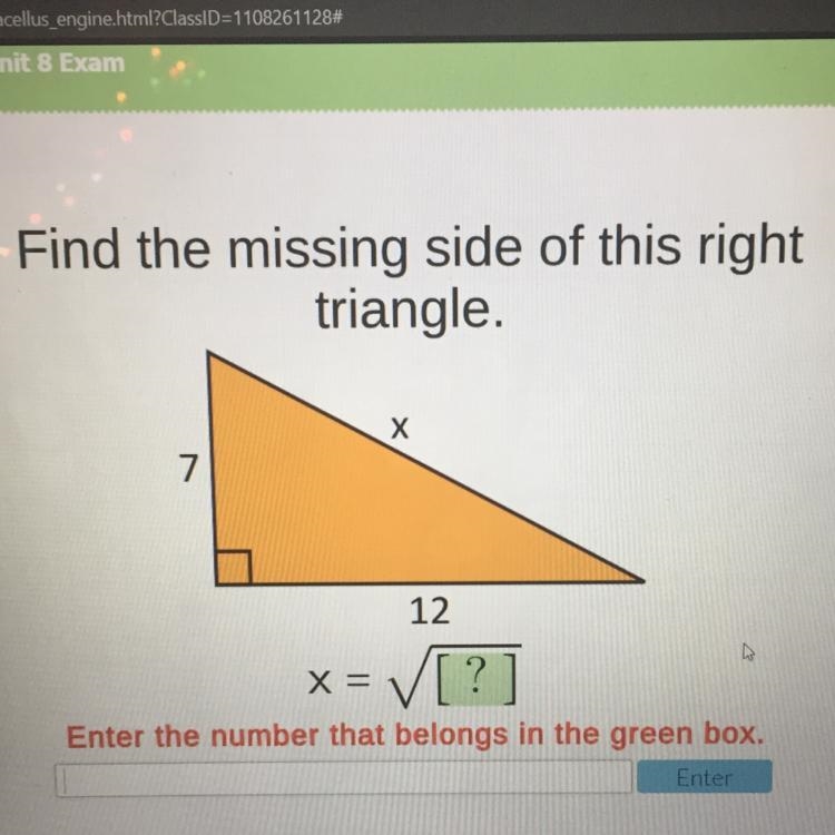 Find the missing side of this right triangle.-example-1