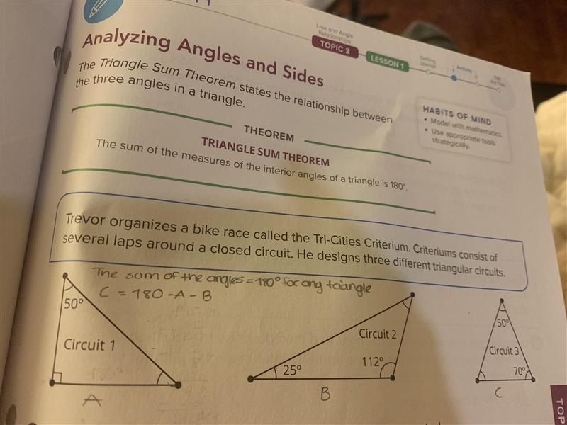 List all the angle measures from least to greatest. From the three triangles-example-1