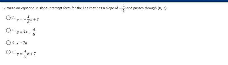 Write an equation in slope-intercept form for the line that has a slope of -4/5 and-example-1