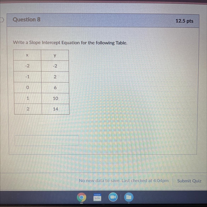 Write a slope intercept equation for the following table-example-1