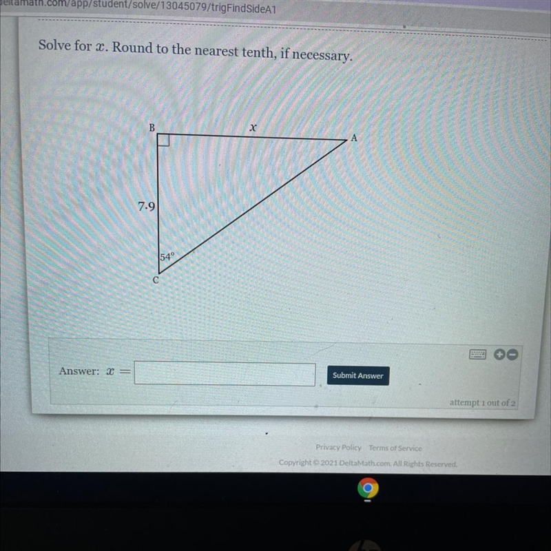 Solve for 2. Round to the nearest tenth, if necessary. B X A 7.9 154 Answer: <= Submit-example-1