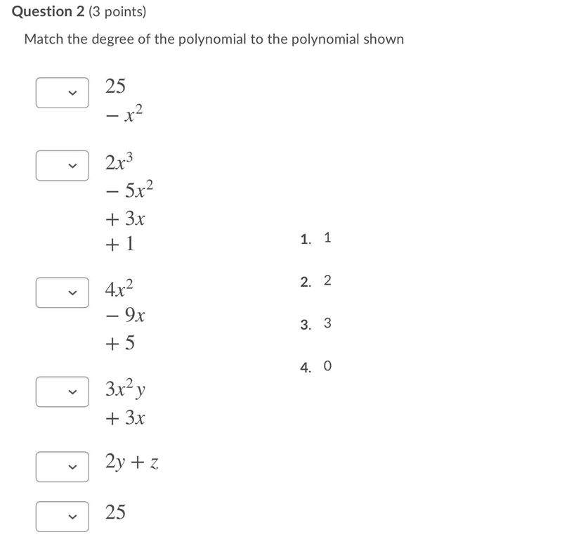 Match the degree of the polynomial to the polynomial shown-example-1