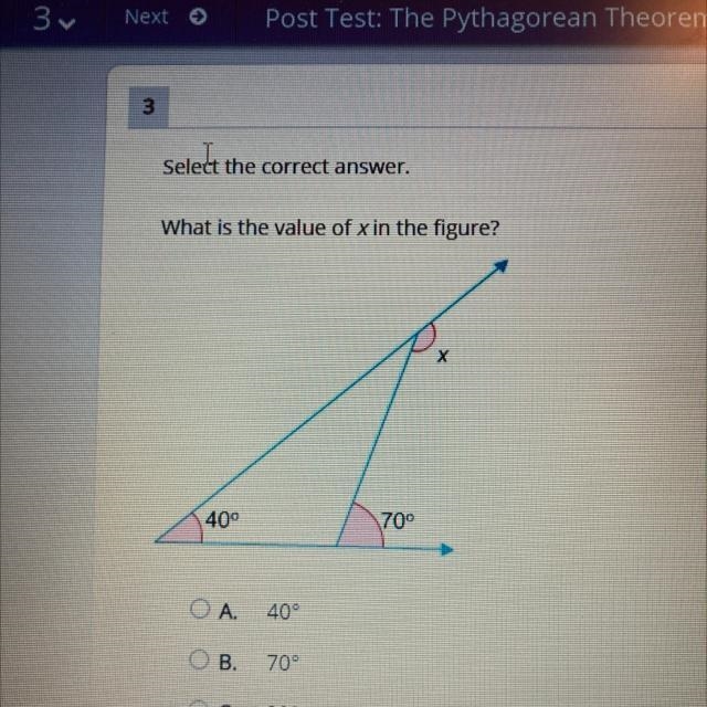 What is the value of x in the figure? A. 40 degrees B. 70 degrees C. 80 degrees D-example-1