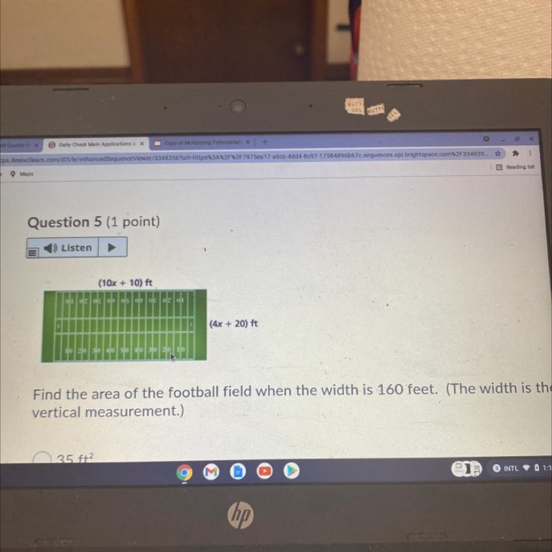 Find the area of the football field when the width is 160 feet-example-1