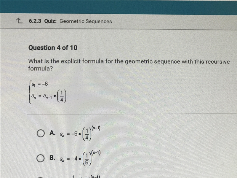 What is the explicit formula for the geometric sequence with this recursive formula-example-1