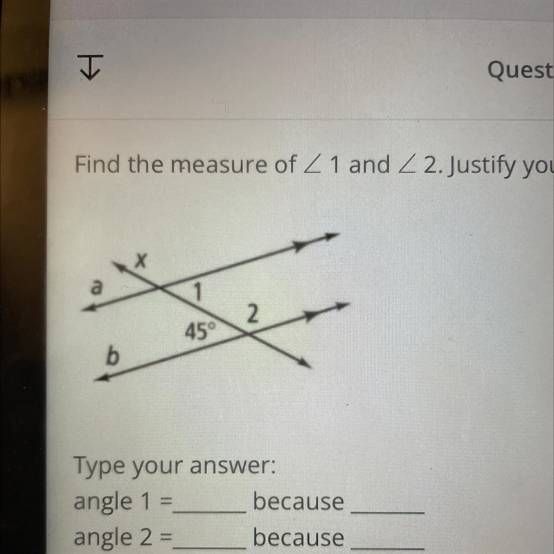 Please help !! find the measure of ∠1 and ∠2. justify your answers-example-1