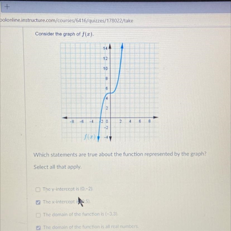 Consider the graph of f(x). 12 10 -6 - 4 120 2 4 6 8 Which statements are true about-example-1