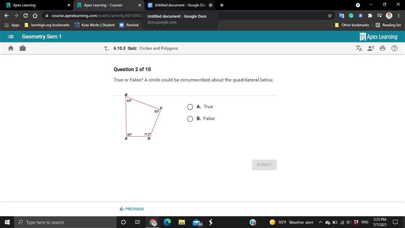 True or false? A circle could be circumscribed about the quadrilateral below.-example-1