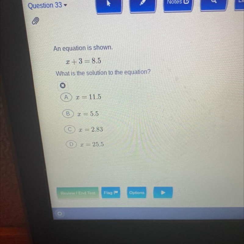 An equation is shown x + 3 = 8.5 what is the solution to the question A x = 11.5 B-example-1