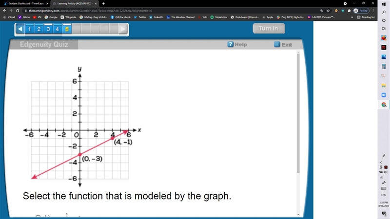 Select the function that is modeled by the graph. A. y = 1/2x + 3 B. y = 1/2x - 3 C-example-1