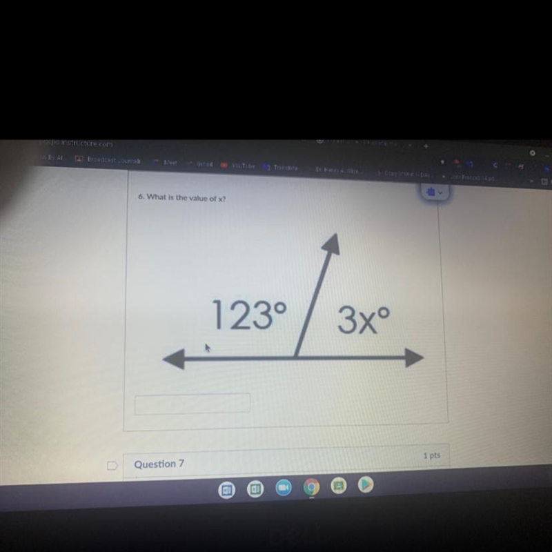 6. What is the value of x? 123° 1 3xº-example-1