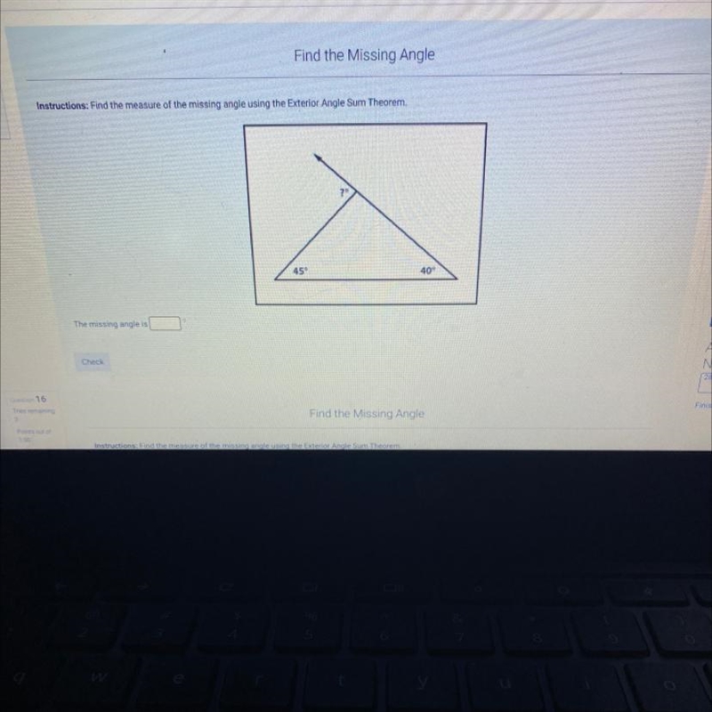 Find the measure of the missing angle using the exterior angle sum theorm.-example-1