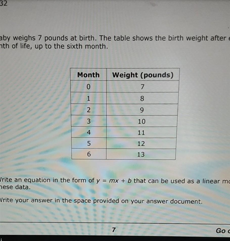 a baby weights 7 pounds at birth. the table shows the birth weight after each month-example-1