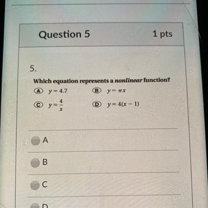 Which equation represents a nonlinear function? Help please!!!-example-1