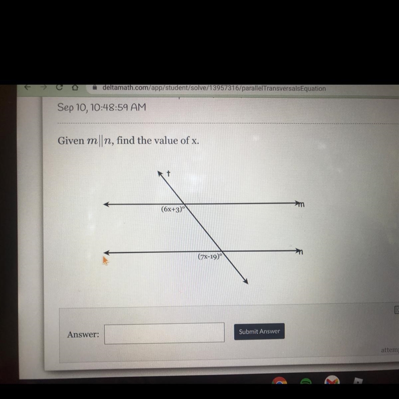 Given m||n, find the value of x. (6x+3) (7x-19) Answer:-example-1