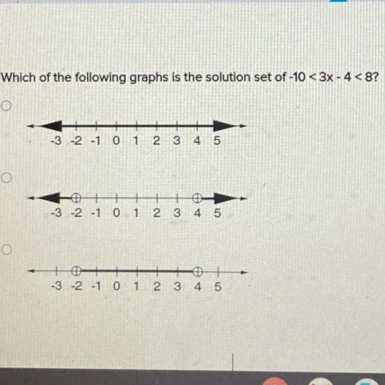 Which of the following graphs is the solution set of -10 < 3x - 4<8?-example-1