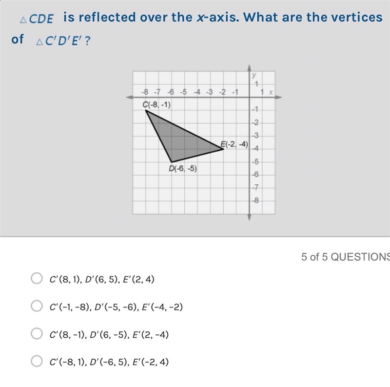 CDE is reflected over the x axis . what are the vertices of c'd'e please help!! &lt-example-1