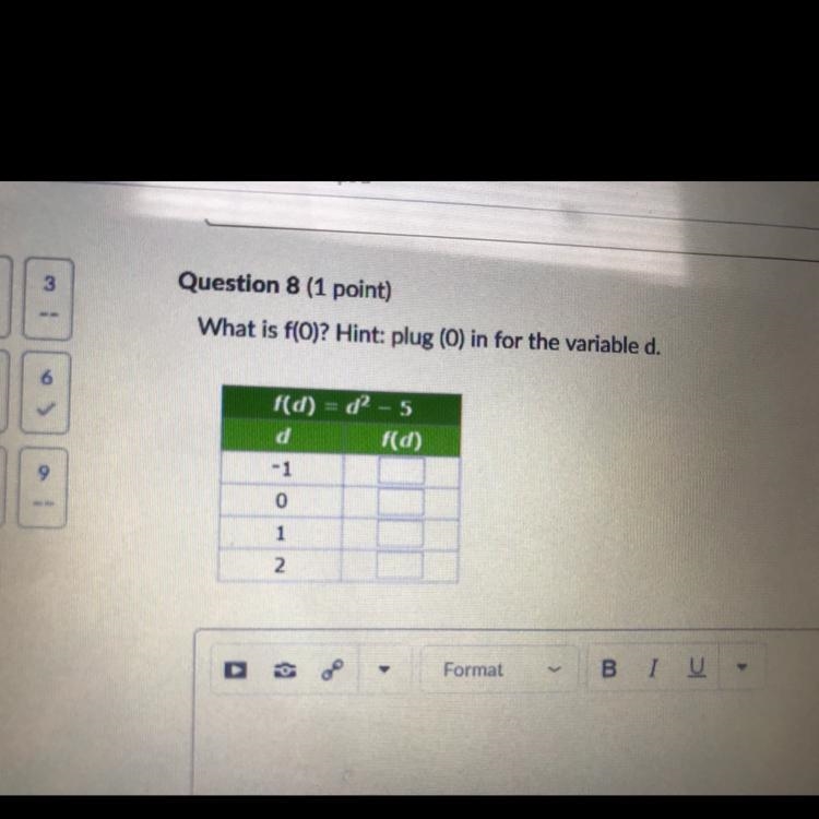 What is f(O)? Hint: plug (0) in for the variable d. f(d) = d? - 5-example-1