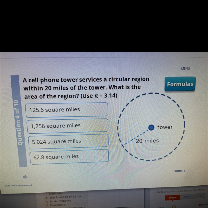 A cell phone tower services a circular region within 20 miles of the tower. What is-example-1