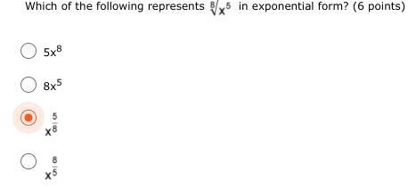 Which of the following represents the eighth root of x to the fifth power in exponential-example-1