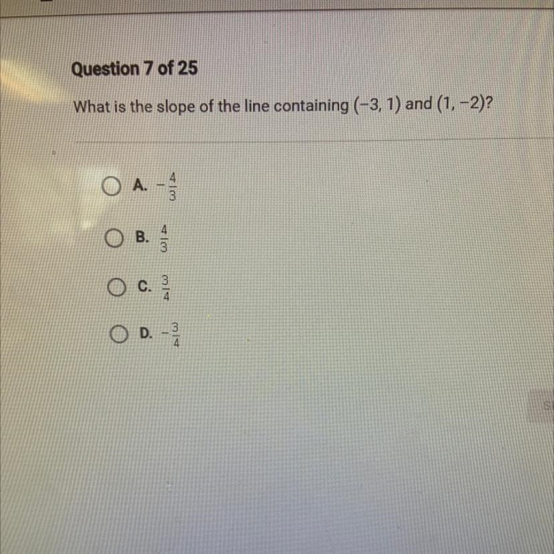 What is the slope of the line containing (-3, 1) and (1, -2)?-example-1