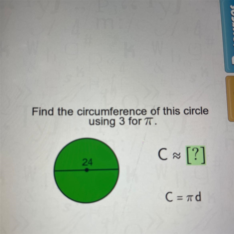 Find the circumference of this circle using 3 for T. C = ?-example-1