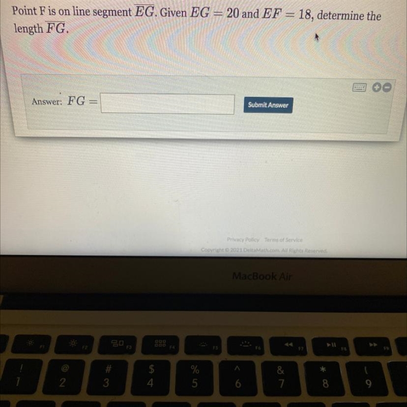 Point F is on line segment EG. Given EG = 20 and EF = 18, determine the length FG-example-1