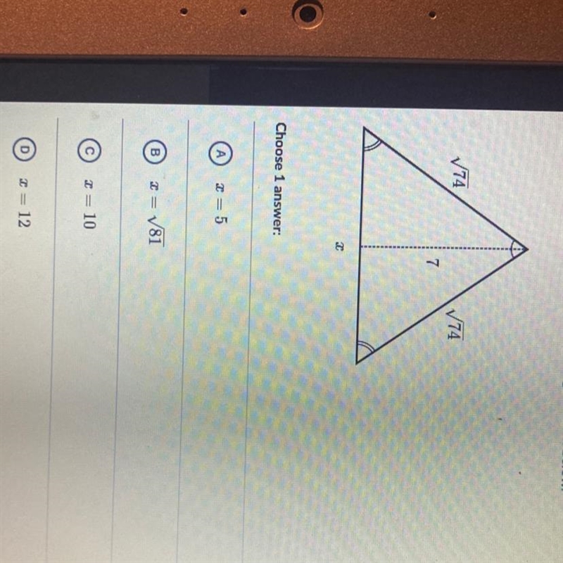 Find the value of x in the isosceles triangle shown below. V74 V74-example-1