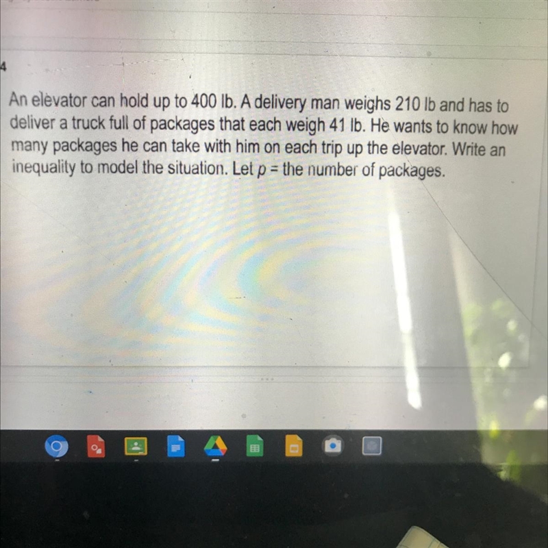 An elevator can hold up to 400 lb. A delivery man weighs 210 lb and has to deliver-example-1