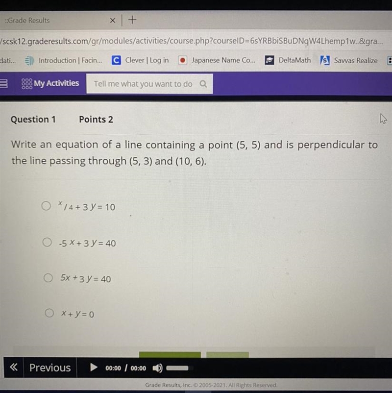 Write an equation of a line containing a point (5, 5) and is perpendicular to the-example-1