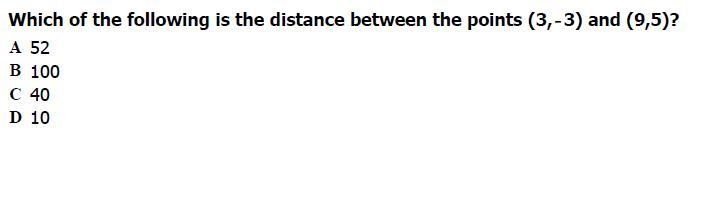 Which of the following is the distance between the points (3 -3) and (9 5)-example-1