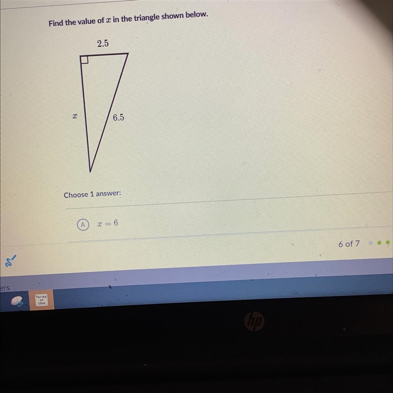 Find the value of x in the triangle shown below. 2.5 C 6.5 Choose 1 answer:-example-1