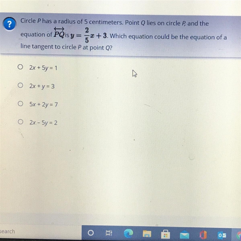 Circle P has a radius of 5cm. Point Q lies on circle P, and the equation of PQ is-example-1