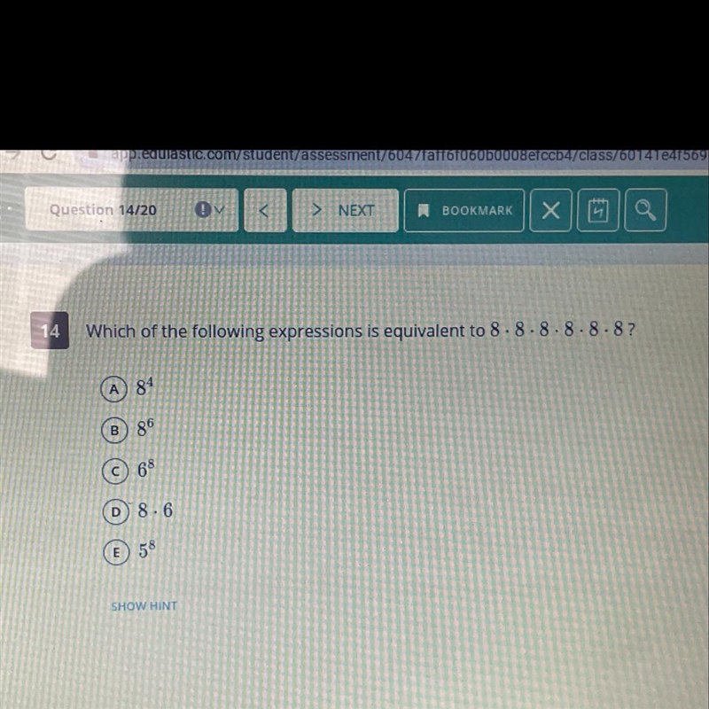 Which of the following expressions is equivalent to 8.8.8.8.8.8?-example-1