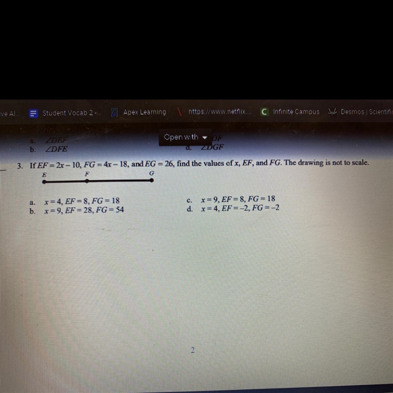 If EF = 2x - 10, FG = 4x - 18, and EG = 26, find the values of x, EF, and FG. The-example-1