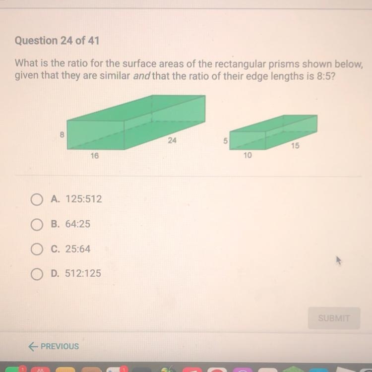 What is the ratio for the surface areas of the rectangular prisms shown below, given-example-1