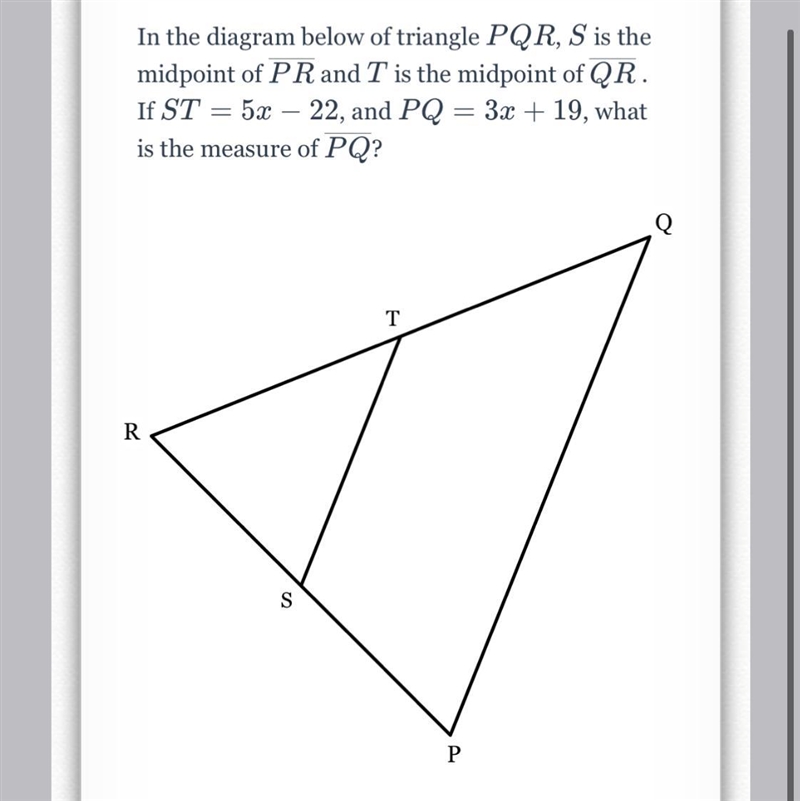 In the diagram below of triangle PQS, S is the midpoint of PR and T is the midpoint-example-1