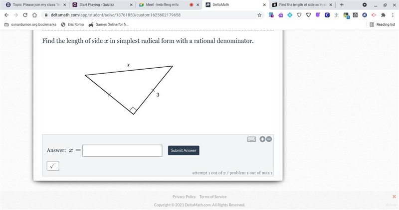 Find the length of side xx in simplest radical form with a rational denominator.-example-1