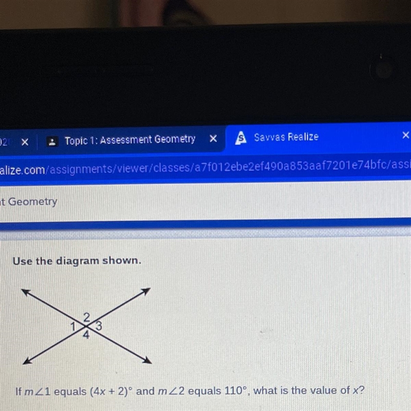 If m< 1 equals (4x + 2)° and m<2 equals 110°, what is the value of x?-example-1