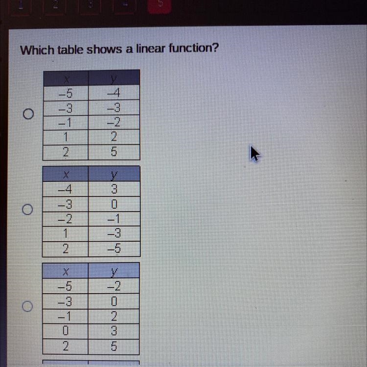 Which table shows a linear function? O -3 -3. 1 2 -2 2 5 X 3 0 O -3 -2 1 2 -3 -5 x-example-1