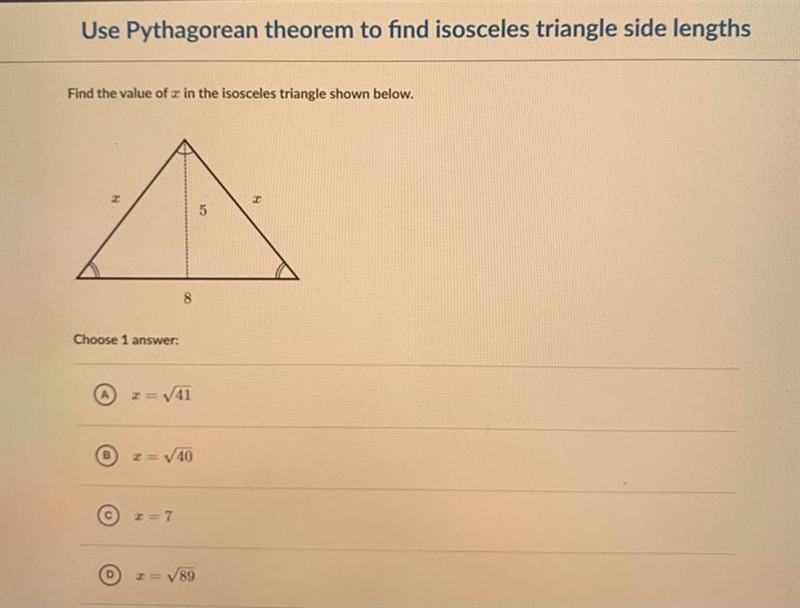 Find the value of x in the isosceles triangle shown below. 2 2 5 8-example-1