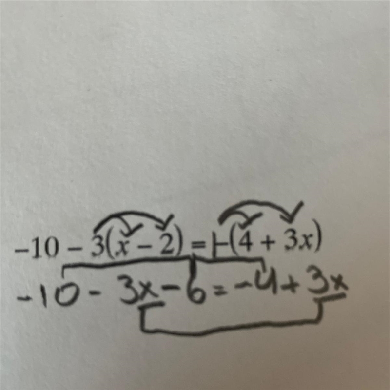 Solving each equation: -10-3(x-2)=-(4+3x)-example-1